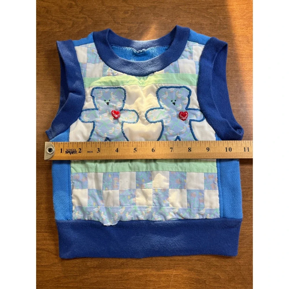 Vintage Handmade Quilted Vest‎ Baby Toddler Blue Teddy Bear Applique Sleeveless